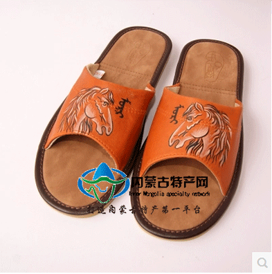 內蒙手工夏季真皮拖鞋 男款防滑、涼爽彩繪羊皮居家拖鞋